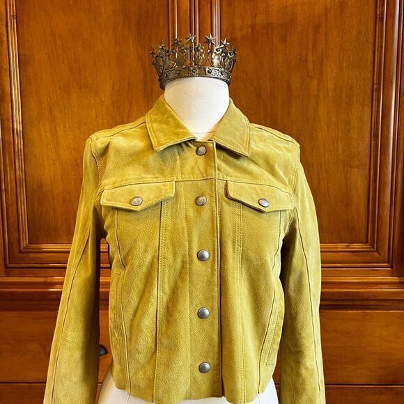 Anthropologie Blank NYC Chartreuse  Leather Cropped Jacket Size Medium - Picture 2 of 15